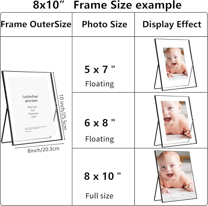Black 8x10'' Floating Frame Set of 2,For Photo Sizes (5x7'',6x8'' 7x9''),Beautiful Metal Beaded Frames Adjustable Tabletop/Shelf Photo Frame,Classy Gift Choice for Wedding