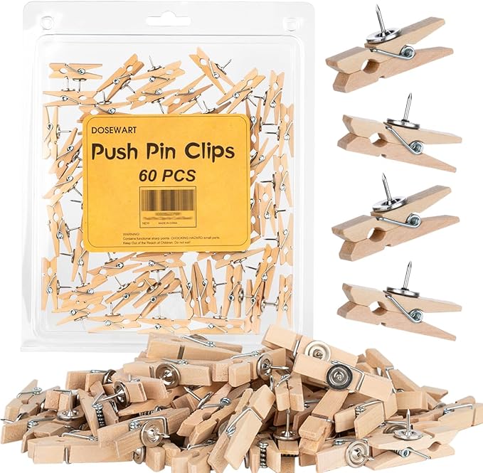 DOSEWART Push Pin Clips for Cork Board, 60 Pcs Wooden Paper Clips with Push pins for Bulletin Board Decoration, Artworks, Notes, Photos, Cubicle and Classroom Decor