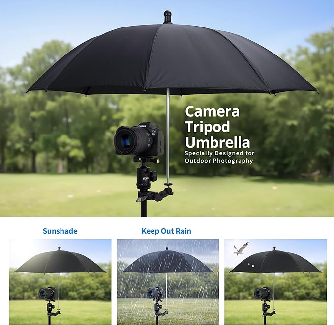 65CM/25.59" Camera Tripod Umbrella with Super Clamp, 360° Adjustable Camera Rain Cover Sun Shade Weather Guard Umbrella for Canon Nikon Sony Fujifilm Xbotgo Cameras Outdoor Photographing Filming