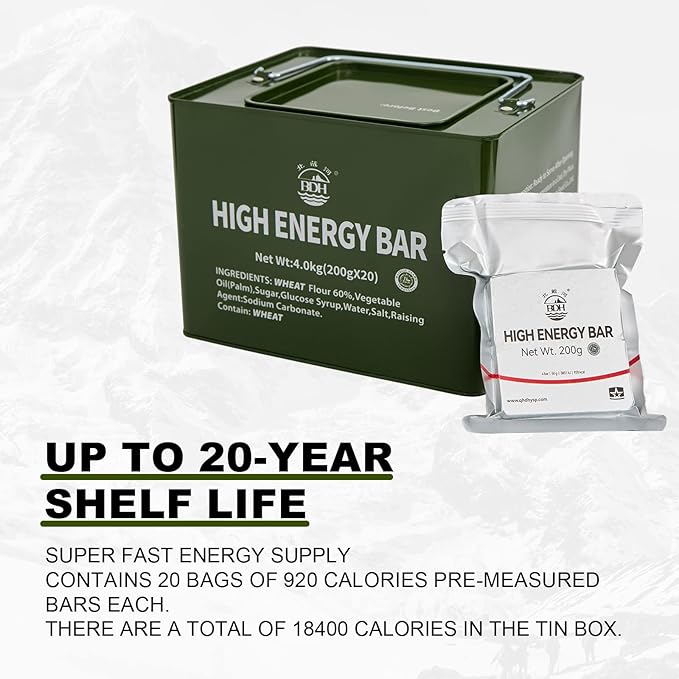 Meal Ready To Eat Emergency Food Rations, Long Self Life Survival Food Bars, High Eneger Bars for Camping, Hiking, Military，Outdoor Disaster, 40 Pack with 2 Tin Boxes