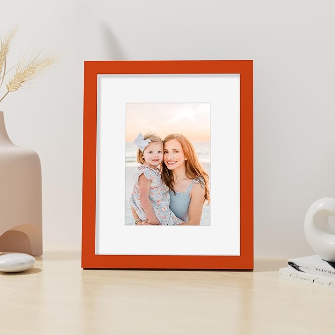 Vittanly 8x10 Picture Frame, Made of Solid Wood and Shatterproof Plexiglass, Display Pictures 5x7 with Mat or 8x10 without Mat, Wooden Photo Frame for Wall Mounting or Tabletop Display, Orange, 1 Pack