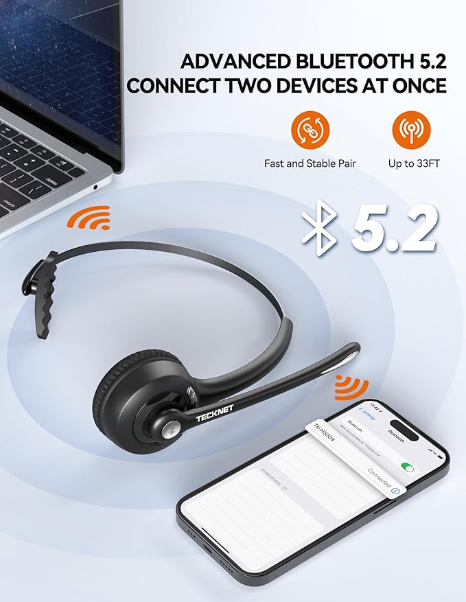 TECKNET Bluetooth Headset, Wireless Headset with Noise Canceling Microphone for Trucker, On-Ear Bluetooth Headphone with Mute Mic for Work