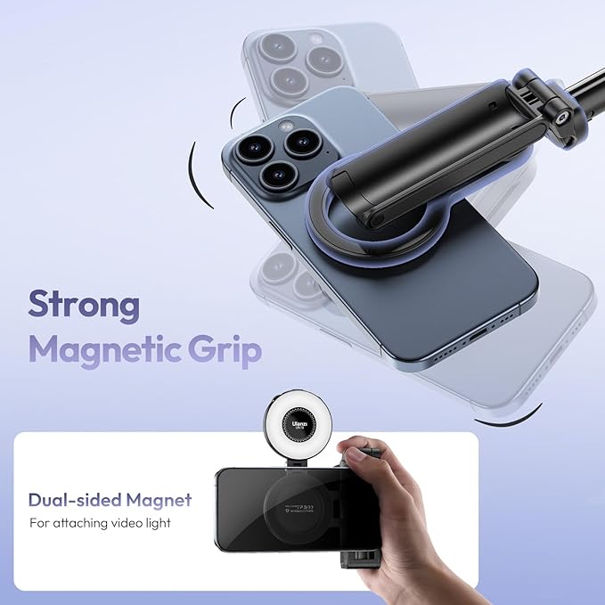 ULANZI Magnetic Phone Tripod, JJ03 Portable Selfie Stick Tripod for Magsafe with Remote, Mini Phone Stand Handle Grip for iPhone 17/16/15/Android, 360° Rotation Pocket Size for Travel Vlog Live