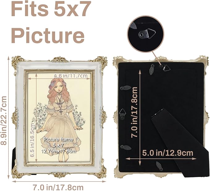 PHAREGE 5x7 White Picture Frame with Gold Trim, Vintage Decorative Display Photo Frame 5 by 7, Ornate Antique Frame for Tabletop or Wall