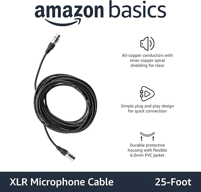 Amazon Basics XLR Microphone Cable for Speaker or PA System, All Copper Conductors, 6MM PVC Jacket, 25 Foot, Black
