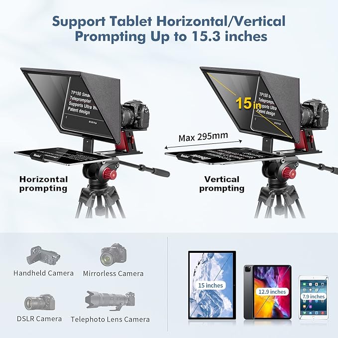 Desview TP150 teleprompter 15 inch High Display Mirror Aluminum Alloy Teleprompter with Remote Control Compatible with ipad DSLR Camcorders Easy Assembly with Carry Case for Video Making