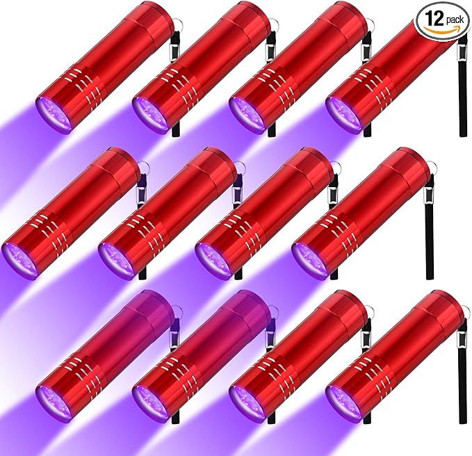 Riakrum 12 Pcs UV Blacklight Flashlights LED Handheld Mini Light Flashlight Small Portable Detector 395nm 9 LED Light for Pet, Carpet Dry Stains Detection, Spot Scorpions, Resin Curing (Red)