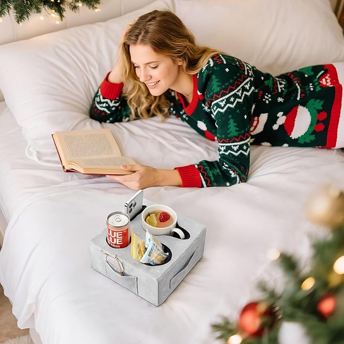 Luxspire Couch Cup Holder Tray, Couch Cup Holder Pillow with 4 Holes, Side Pocket and Handle, Couch Caddy Pillow for Phone/Drinks/Remote Control/Snacks, Christmas Style