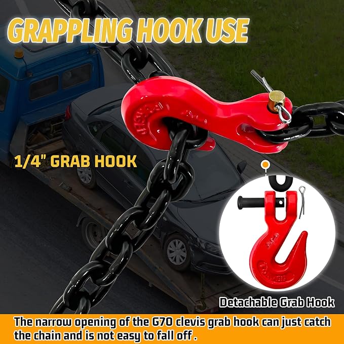 1/4" Log Chain- 20FT Heavy Duty Chain with 3300 Lbs Safety Load |G80 Trailer Binder Safety Chain with G70 Clevis Grab Hooks for Transporting|Towing Truck Tie Down Binding Equipment(EP Black)