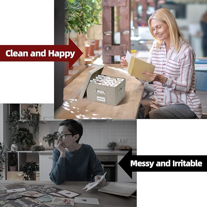 Hiwhy Greeting Card Storage Box, Linen Storage Box with 32 Adjustable Dividers, 168 Labels, 2 Marker Pen, Perfect for Organizing Greeting Cards, Envelopes, Photos 2 Pack Beige
