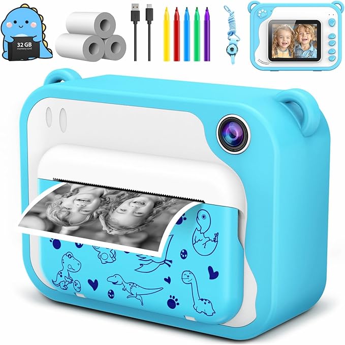 Kids Camera Instant Print, Dinosaur Instant Print Camera for Kids with 1080P Video, 32GB SD Card, 240 Photos, Christmas Birthday Gifts for Boys Girls Ages 3-12 (Blue)