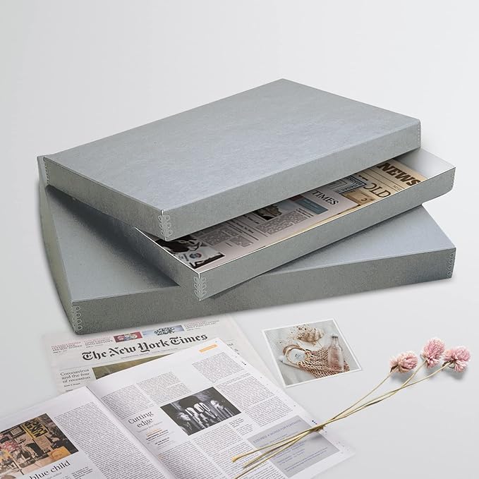Lineco, Archival Newspaper Preservation Storage Box, Drop Front Design with Metal Edge, Acid-Free File Organizer, Preserveor for Photos, Documents, Scrapbook, Magazines, 22x15 Gray