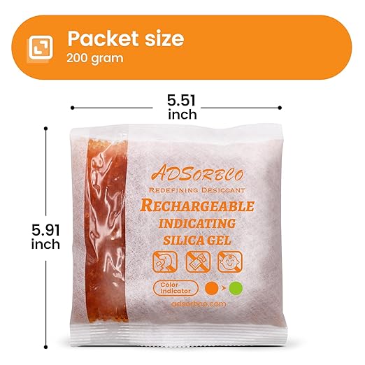 Adsorbco Rechargeable 200 Gram 5 Packs Desiccant, Indicating Silica Gel Packets, Moisture Absorbers for Storage, Gun Safe Dehumidifiers