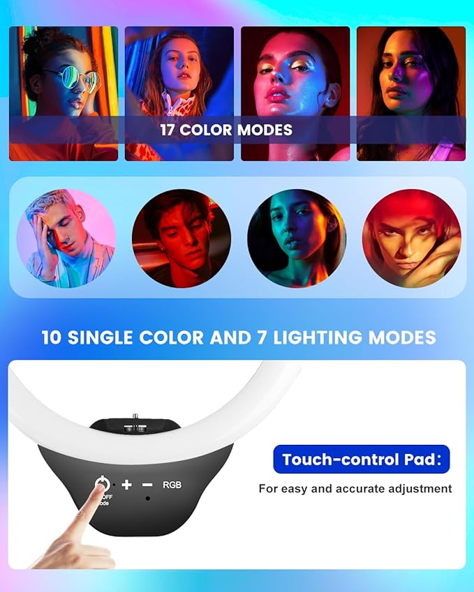 Sensyne 10'' RGB Ring Light with 50'' Extendable Tripod Stand, Circle Lights with Phone Holder for Live Stream/Makeup/YouTube Video/TikTok, Compatible with All Phones