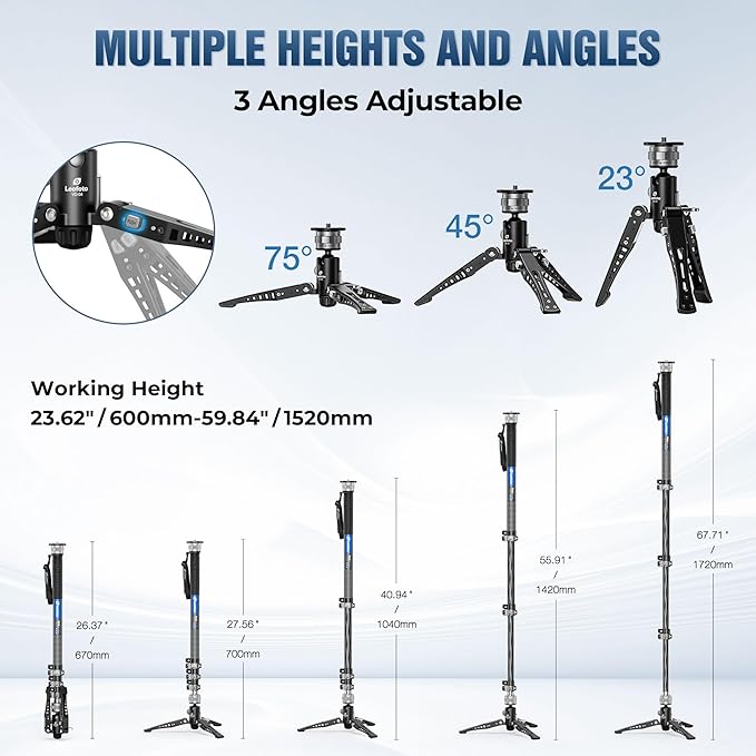 LEOFOTO Carbon Fiber Monopod with Pedal, 75.59" Portable Travel Monopod with Feet for Camera, Max Load 11.02LB/5KG, Compatible with Sony/Canon/Nikon/DSLR (MF-324CL)