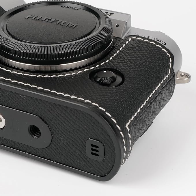 Uchandmade Handmade Genuine Leather Camera Half Case for Fujifilm X-T50/Fujifilm X-T50 Camera Case/Fujifilm X-T50 Case - Top Layer Cowhide Body + Metal Base Plate (89 Black & White Link)