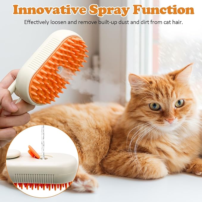 4 in 1 Cat Steam Brush for Shedding with Foldable Handle, Pet Hair Cleaning Brush Comb Anti-Static Pet Grooming Tool for Cats and Dogs Steam,Massage,Cleaning,Shedding & Combing (White)
