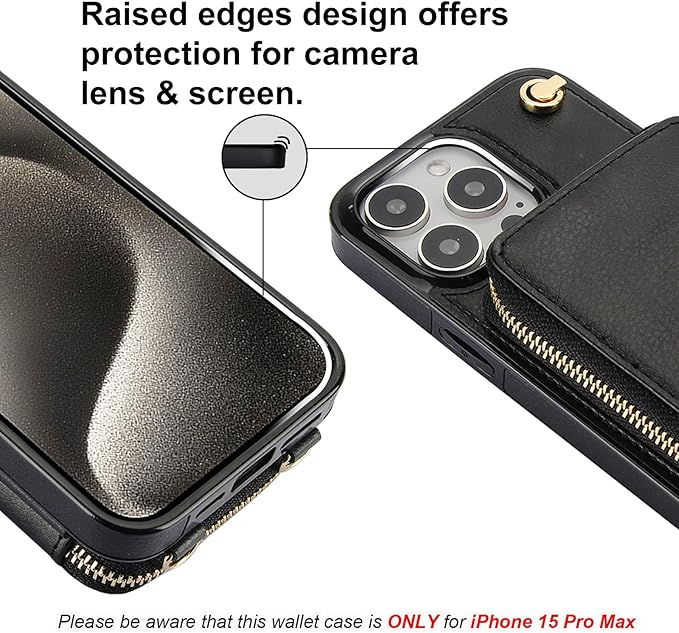 Bocasal for MagSafe Crossbody Wallet Case Compatible with iPhone 15 Pro Max, RFID Blocking Protective Purse Case with Card Slots Holder Kickstand Wrist Strap Lanyard Zipper 6.7 Inch 5G (Black)