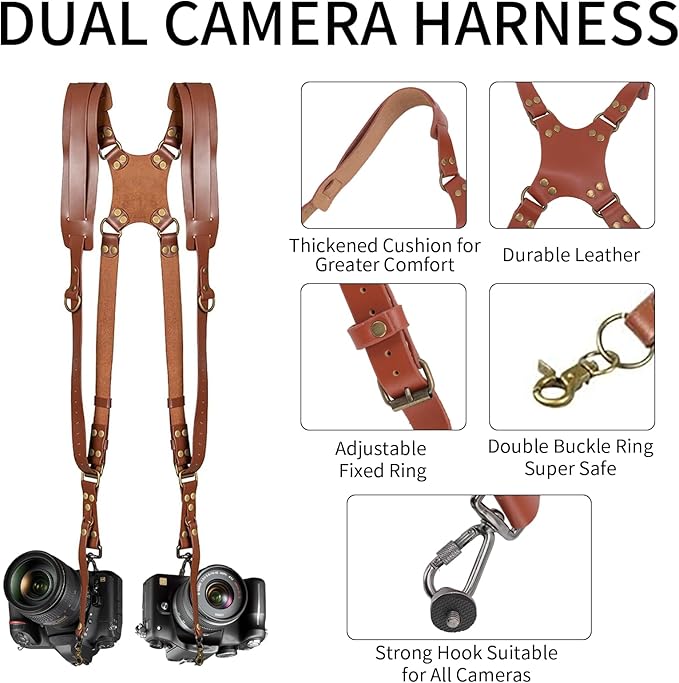 Camera Harness,Black Camera Straps for Photographers,Leather Dual Camera Strap for Two DSLR/SLR Cameras