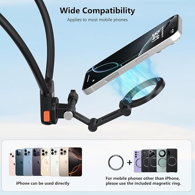 VRIG Magnetic Phone Tripod Mount for Mag Safe, MG-27 Three-Section Foldable Tripods Phone Holder Cellphone Attachment for Tripod/Neck Mount, for iPhone 16 15 14 13 12