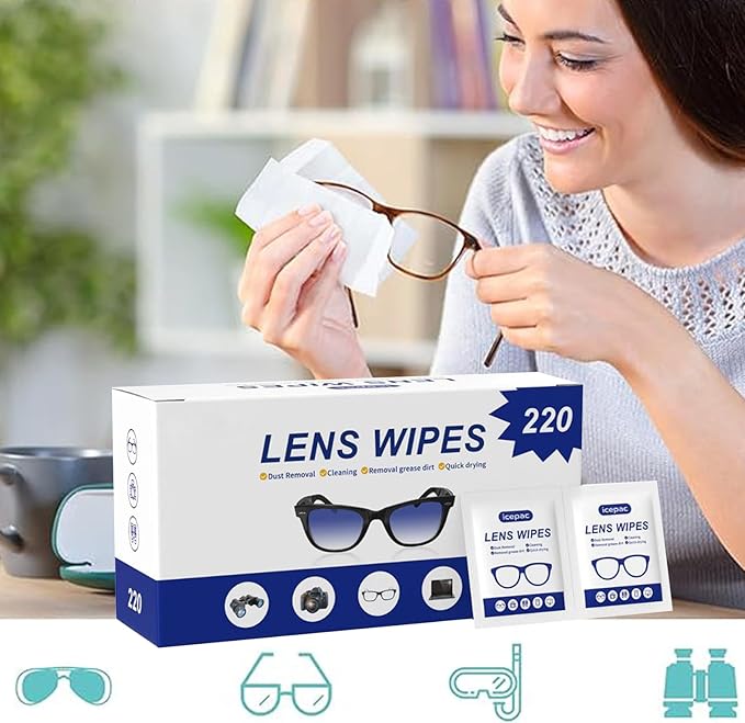 Lens Cleaning Wipes – 220 PCS Eyeglass Cleaner Wipes, Individually Wrapped, Streak-Free & Fast-Drying for Glasses, Sunglasses, Camera Lenses, Phone & Laptop Screens