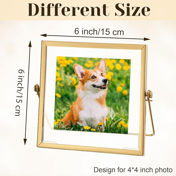 Hoteam 16 Pcs Gold Floating Frames 4 x 4 Inches Glass Photo Frames Vertical Vintage Metal Picture for Wedding Photo Picture Mounting Tabletop Display Office Decor(Gold)