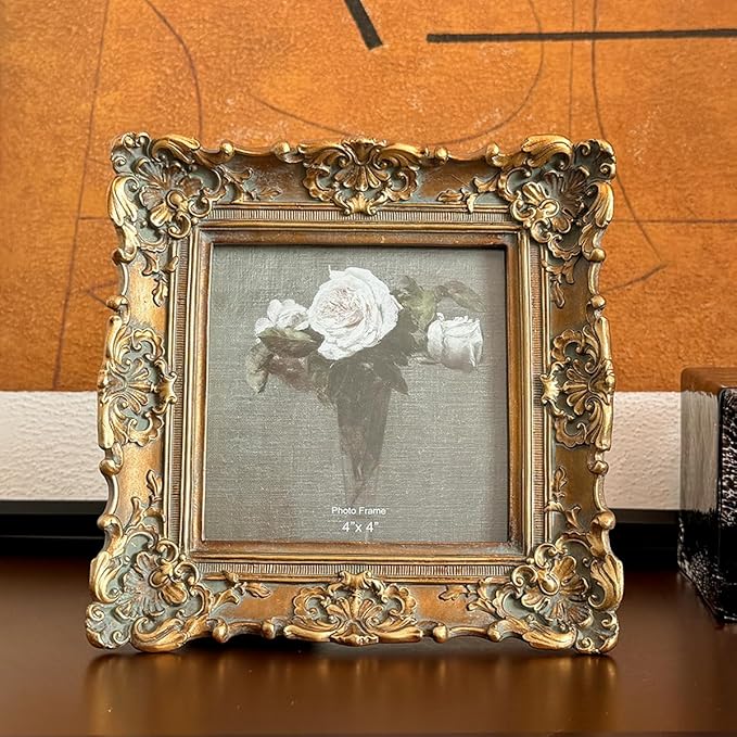 CISOO 4x4 Vintage Small Picture Frame, Antique Ornate Bronze Gold Square Photo Frame, for Table Top and Wall Display, Decorative Floral Design Retro Home Decor, Photo Gallery Art