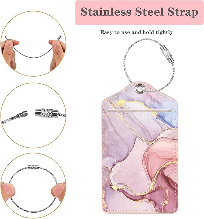 (Set of 2) Luggage Tag for Suitcases Leather Privacy Cover ID Label with Stainless Steel Loop, Travel Bag Tags Suitcase Labels, Watercolor Pink