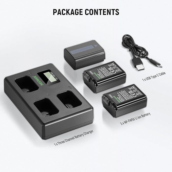 NEEWER Replacement Battery and Charger Set for NP-FW50, 3 Pack 1100mAh Batteries and Triple Slot USB Charger Compatible with Sony ZV-E10 A7 A7R A7RII A7II A7SII A7S A7RII A6300 A6400 A6500 RX10