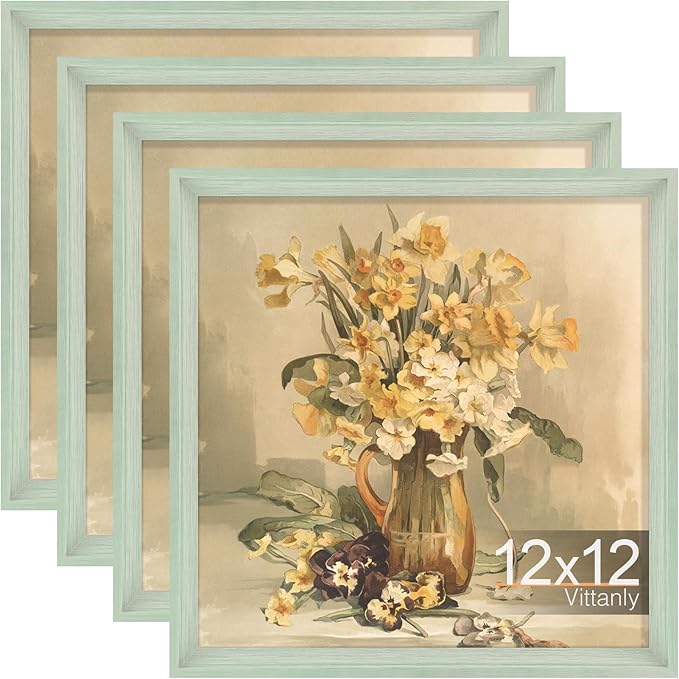 Vittanly 12x12 Picture Frame Set of 4, Vintage Photo Frame for Wall or Tabletop, Display 8x8 Pictures with Mat or 12x12 without Mat, Rustic Farmhouse Home Decor, Light Green