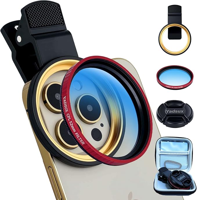 52mm Phone CPL Polarizer Lens Filter Kit, iPhone Camera Attachment, Compatible with iPhone 12-16 Pro/Pro Max (Red Filter)