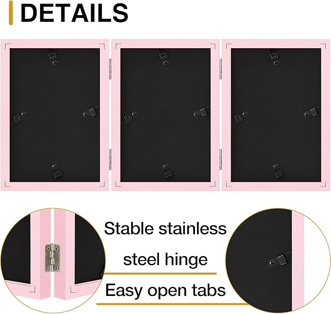decorUhome Triple 4x6 Picture Frame Vertical, Engineered Wood Trifold Photo Frame with Plexiglass for Tabletop Display, 4x6, Pink