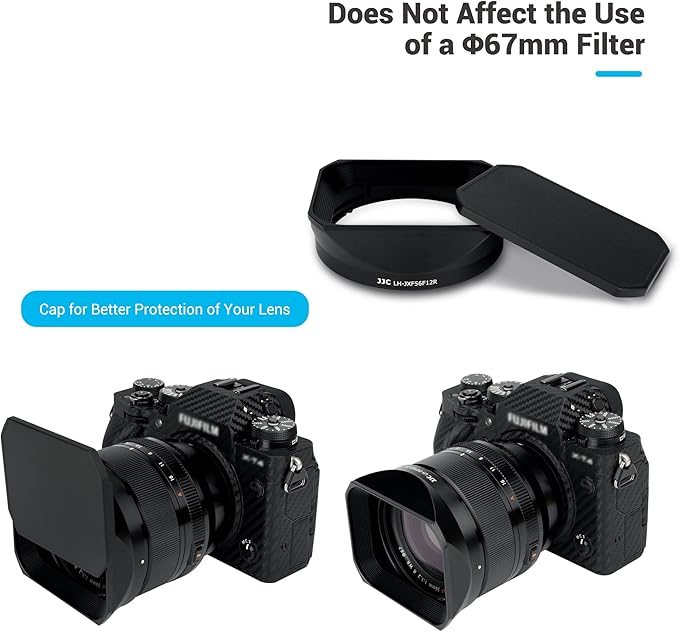 JJC Metal Square Lens Hood with a Hood Cap for Fujifilm XF 56mm F1.2 R WR Lens on Fuji X-T5 X-T4 X-T3 X-T2 X-E4 X-E3 X-E2 X-HS2 X-H2 X-H1 X-T30 II X-T30II X-T30 X-T20 X-T10 X-T200 X-T100 X-S10 Black