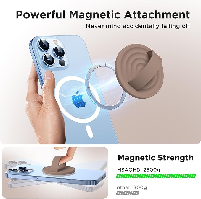 Upgraded Magnetic Phone Grip, Liquid Silicone Soft and Portable, Removable Finger Loop Ring Grip Holder for iPhone, Strong Magnetic Attraction, Compatible with MagSafe Phone Case, Light Brown