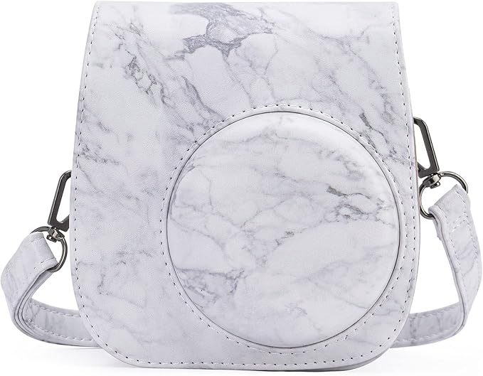 Frankmate Protective Case Compatible with Fujifilm Instax Mini 12 11 9 8 Instant Film Camera with Pocket and Adjustable Strap (White marble)