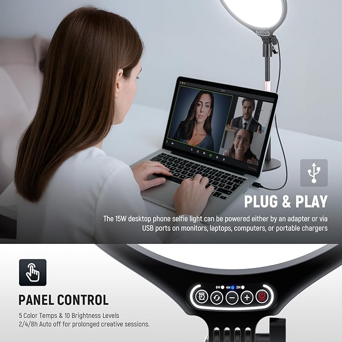 NEEWER Basics 10.5" Desk Ring Light with Stand/Phone Holder/Timer, 3000-6500K Full Screen 15W LED Selfie Panel Lighting for iPhone Recording Streaming Makeup Laptop Webcam Video Conference Zoom, R10