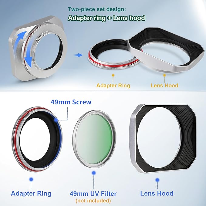 Haoge Squaret Metal Lens Hood for Fujifilm XF23mm F2.8 on XE5 Cemera Body kit & Fujinon XF27mmF2.8 R WR Lense,with Metal Cap,39mm Screw-in Hood Silver
