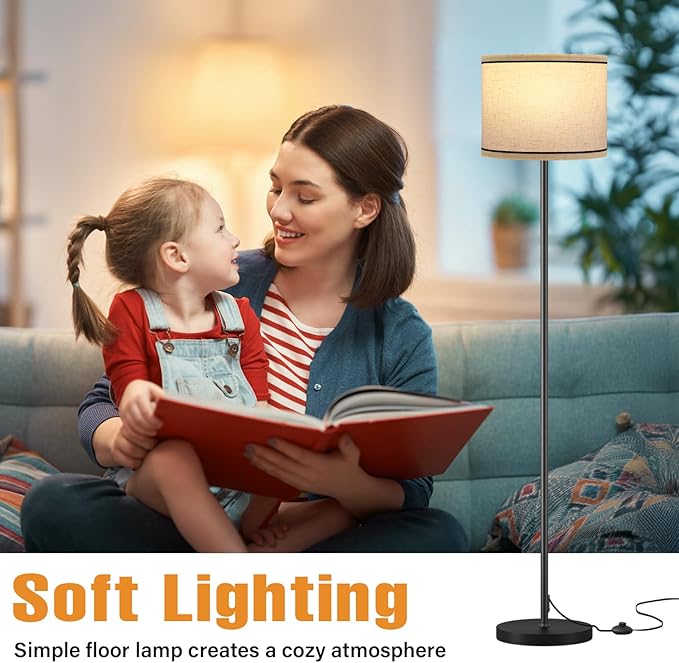 Ambimall 60'' Modern Floor Lamp with Shade, Tall Lamps for Living Room, Bedroom, Office, Dining Room, Beige Lampshade with Black Stripes(Without Bulb)