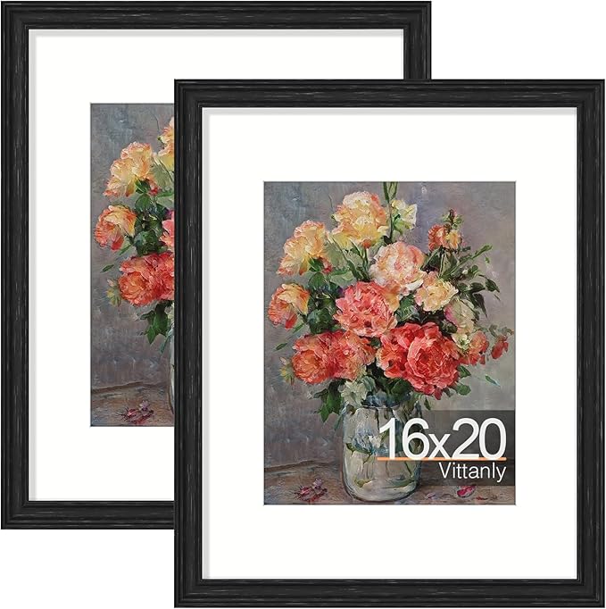 Vittanly 16x20 Picture Frames Set of 2, Ornate Vintage Photo Frame for Wall Mount, Display 11x14 Pictures with Mat or 16x20 without Mat, Distressed Black