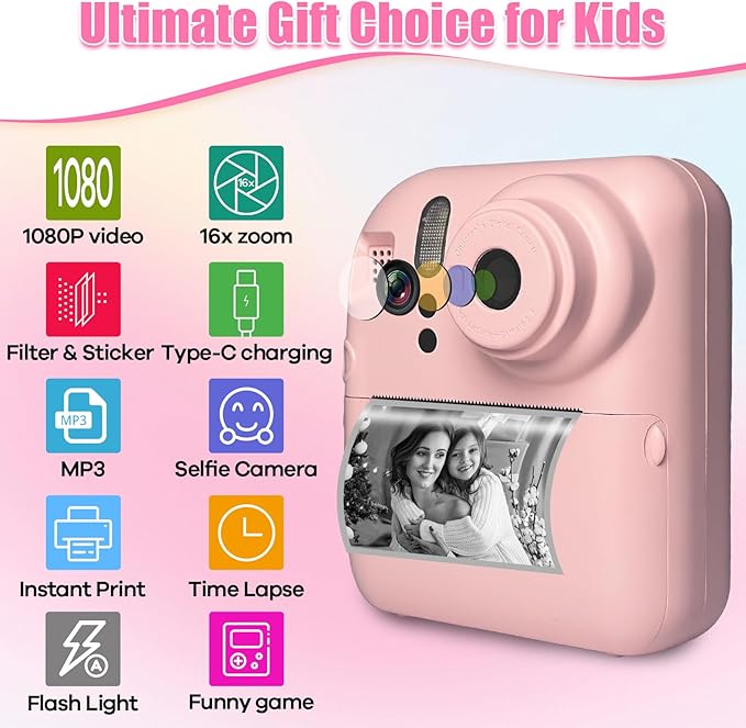 Instant Print Camera for Kids, Christmas Birthday Gifts for Kids Ages 3-12, 16X Zoom,1080P Vedio Selfie Digital Camera,Toddler Portable Toy for Girls and Boys with 32GB TF Card (Pink)