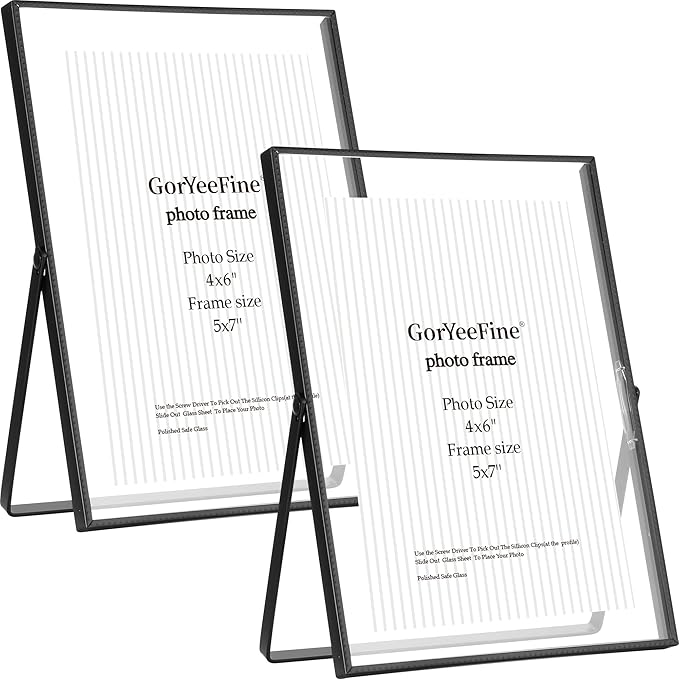 Black 5x7'' Floating Picture Frame Set of 2,For Photo Sizes (3.5 x5'',4x 6''), Beautiful Metal Beaded Edge Frames Adjustable Tabletop/Shelf Photo Frame,Classy Gift Choice for Wedding