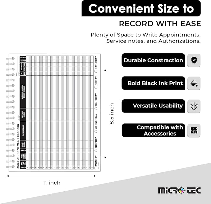 MICRO TEC Daily Appointment Record Log Books – 8.5" × 11" Spiral Bound Planner – Durable 90# Paper Notebook for Auto Repair Shops, Service Advisors & Daily Tracking - 100 Pages/Book (Book of 2)