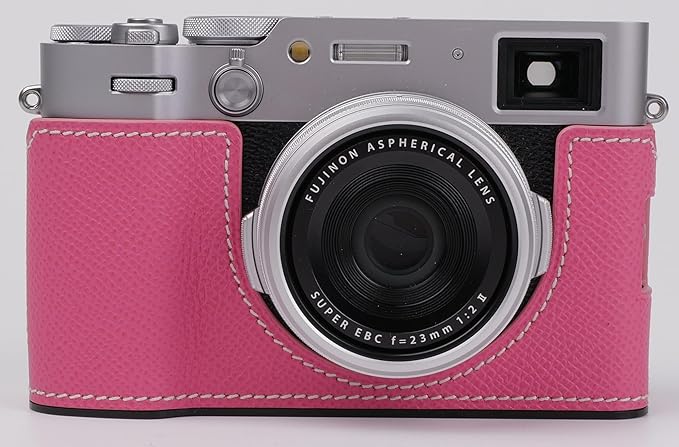 Uchandmade Genuine Leather Camera Half Case for Fujifilm X100VI - Top Layer Cowhide Body + Metal Base Plate - Hand Shank Free Design (Pink)