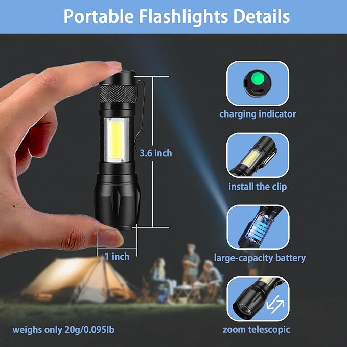 Rechargeable Handheld Flashlights Portable Mini Pocket Super Bright Flash Light Strong LED Flash Light with Side COB Work Light for Camping Hiking Home Outdoor (Black)