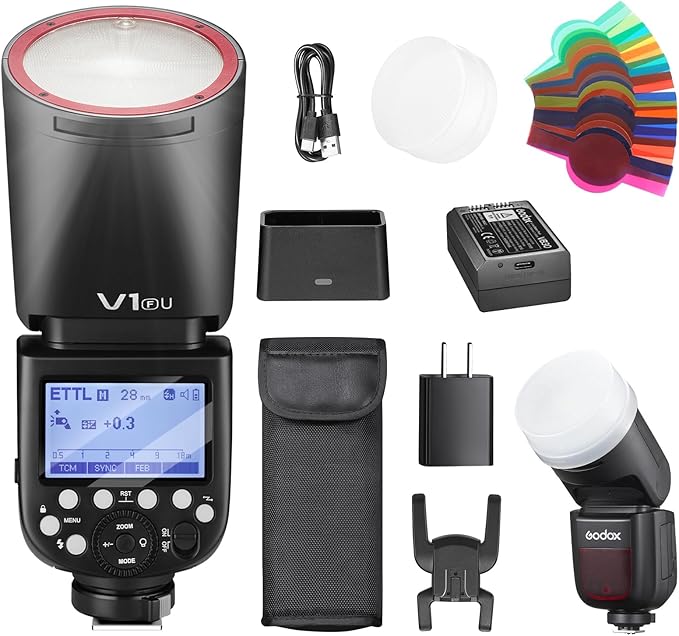 Godox V1F V1 F Round Head Speedlite for Fuji TTL Hot Shoe Flash 2.4G X Wireless HSS 1/8000s 2980mAh Lithium Battery LED Modeling Lamp Shot speedlight with Tri-Color Diffuser(USA Version)