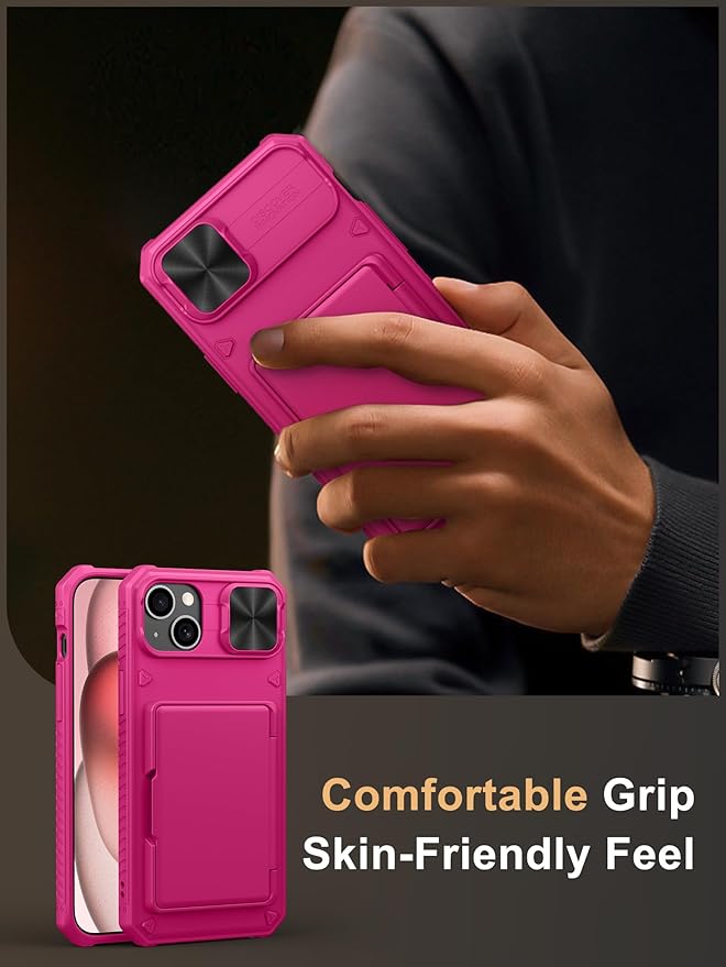 Vihibii for 15 Plus/iPhone 14 Plus Wallet Case with Card Holder (4 Cards), [RFID Blocking] & Slide Camera Cover & Raised Edges Protect Screen, Heavy Duty Case for iPhone 15 Plus/ 14 Plus, Hot Pink