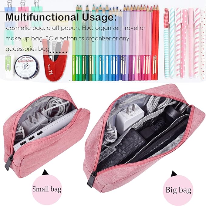 Electronic Organizer Bag, Travel Cable Organizer Bag Waterproof Portable Electronic Accessories Storage Multifunctional Case for Charger, Mouse, Power Bank, Cosmetics Kit (Small+Big, Pink)