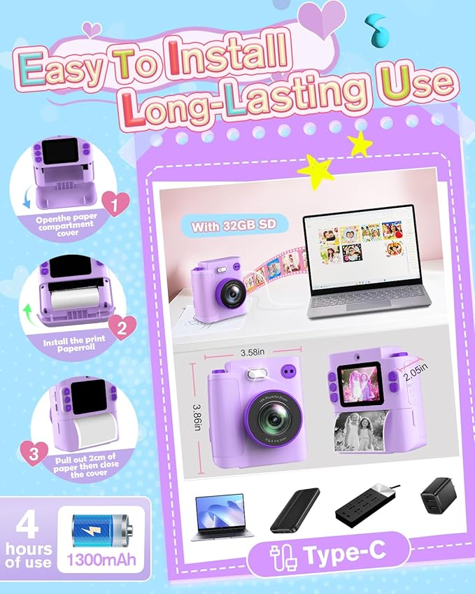 Kids Instant Print Camera - 1080P HD Toddler Digital Camera for 3 4 5 6 7 8 9 10 Year Old Girls Boys, Christmas Birthday Gift with 32GB SD Card, Selfie Mode, Portable Travel Toy, Fun Filters- Purple