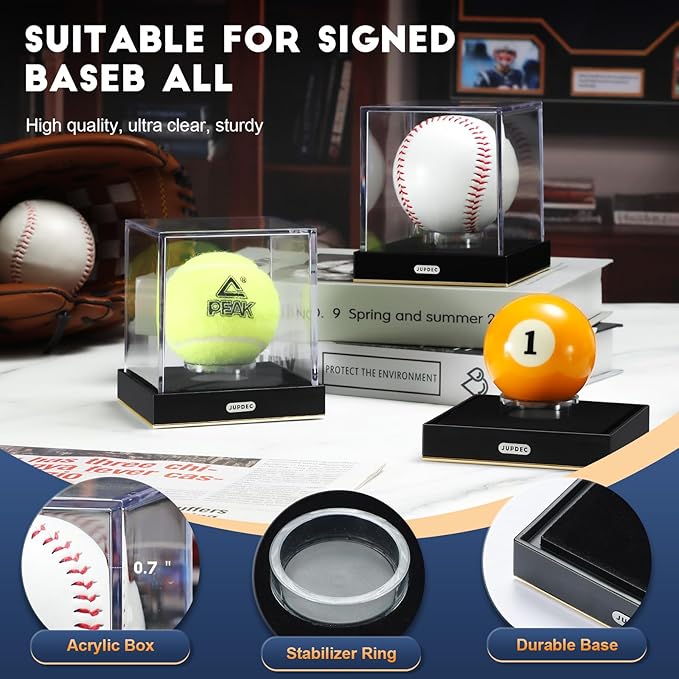 JupDec Baseball Display Case for Single Autograph Ball, Clear Acrylic Cube Baseball Holder with Velvet Interior, UV Protected Stand Box with Durable Base, Ideal Gift for Sports Fans, Gold, 2 Pack