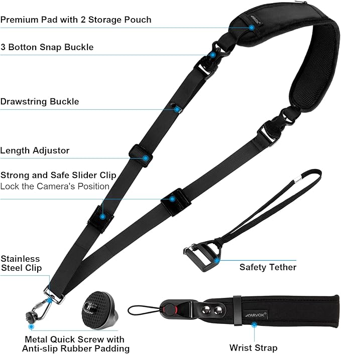 ARVOK Camera Strap - Adjustable Shoulder Strap with Wrist Strap for Nikon Canon Sony Fuji DSLR
